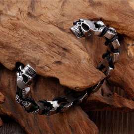 Men's Skull Oxidized Leather Braided Bangle
