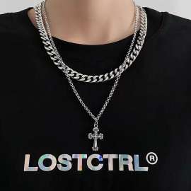 Oxidized color double chain cross Stainless Steel Necklace