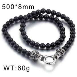 Men's Steel Skull Zircon Black Onyx Bead Necklace