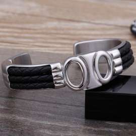 Simple Punk Men's Titanium Steel Braided Leather Hollow Double Hole Bracelet