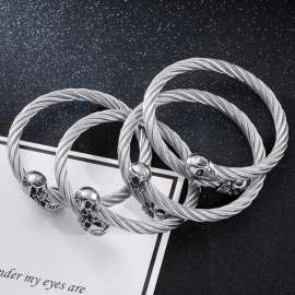 Punk Stainless Steel Men's Wire Skull Via Bangle