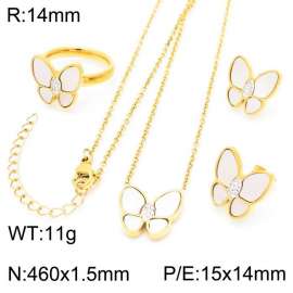 Women Gold Plated Stainless Steel Necklace&Ring&Earrings Jewelry Set with CZ&Shell Butterfly Pattern Charm