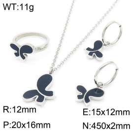 Women Silver Color Stainless Steel Necklace&Ring&Earrings Jewelry Set with Black Enamel Butterfly Pattern Charm