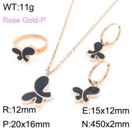 Women Rose Gold Plated Stainless Steel Necklace&Ring&Earrings Jewelry Set with Black Enamel Butterfly Pattern Charm