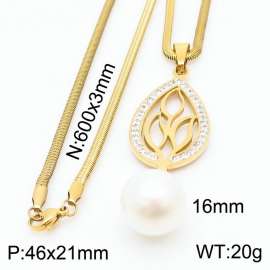 Stainless steel 600x3mm snake chain with shell bead crystal wihte mud leaf pendant trendy gold necklace