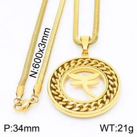 Stainless steel 600x3mm snake chain with dragonfly shiny crystal  circle pendant trendy gold necklace
