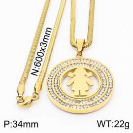 Stainless steel 600x3mm snake chain with little girl shiny crystal  circle pendant trendy gold necklace