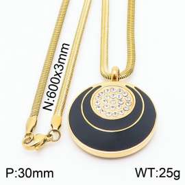 Stainless steel 600x3mm snake chain with shiny crystal circle shock wave pendant trendy gold necklace