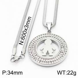 Stainless steel 600x3mm snake chain with little boy shiny crystal  circle pendant trendy necklace