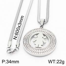 Stainless steel 600x3mm snake chain with little girl shiny crystal  circle pendant trendy necklace