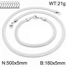 Women's Silver 5x500mm Herringbone Flat Snake Chain Stainless Steel Bracelet Necklace Jewelry Set
