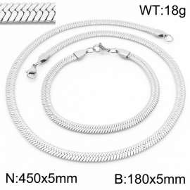 Women's Silver 5x450mm Herringbone Flat Snake Chain Stainless Steel Bracelet Necklace Jewelry Set