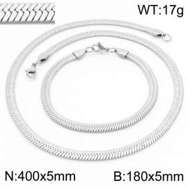 Women's Silver 5x400mm Herringbone Flat Snake Chain Stainless Steel Bracelet Necklace Jewelry Set