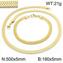 Women's Gold 5x500mm Herringbone Flat Snake Chain Stainless Steel Bracelet Necklace Jewelry Set