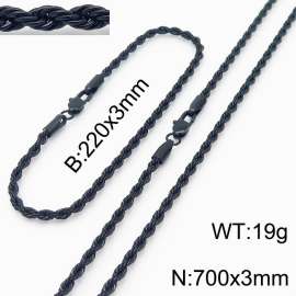 Black 220x3mm 700x3mm Rope Chain Stainless Steel Bracelet Necklace Jewelry Set