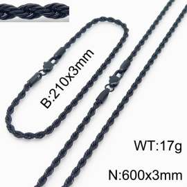 Black 210x3mm 600x3mm Rope Chain Stainless Steel Bracelet Necklace Jewelry Set