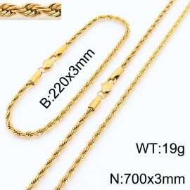 Gold 220x3mm 700x3mm Rope Chain Stainless Steel Bracelet Necklace Jewelry Set