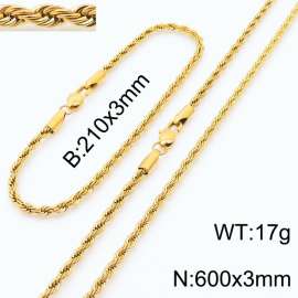 Gold 210x3mm 600x3mm Rope Chain Stainless Steel Bracelet Necklace Jewelry Set