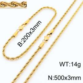 Gold 200x3mm 500x3mm Rope Chain Stainless Steel Bracelet Necklace Jewelry Set