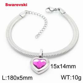 Stainless steel 180X5mm  snake chain with swarovski heart stone pendant fashional silver bracelet