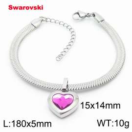 Stainless steel 180X5mm  snake chain with swarovski heart stone pendant fashional silver bracelet