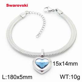 Stainless steel 180X5mm  snake chain with swarovski heart stone pendant fashional silver bracelet