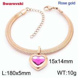 Stainless steel 180X5mm  snake chain with swarovski heart stone pendant fashional rose gold bracelet