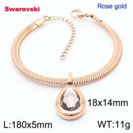 Stainless steel 180X5mm  snake chain with swarovski water drop stone pendant fashional rose gold bracelet