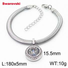 Stainless steel 180X5mm  snake chain with swarovski circle pendant fashional silver bracelet