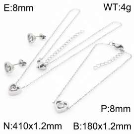 Stainless steel 410x1.2mm&180x1.2mm welding chain lobster clasp crystal heart charm silver set
