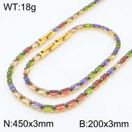 Women Colorful Zircons Jewelry Set with Gold Plated 450X3mm Necklace&200X3mm Bracelet