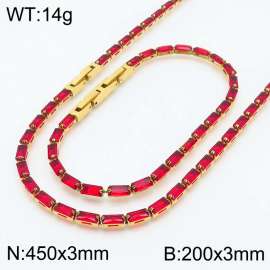 Women Red Zircons Jewelry Set with Gold Plated 450X3mm Necklace&200X3mm Bracelet