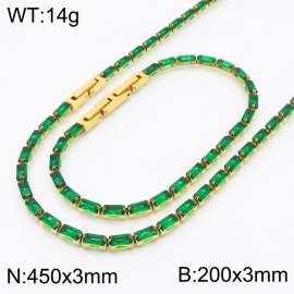 Women Green Zircons Jewelry Set with Gold Plated 450X3mm Necklace&200X3mm Bracelet