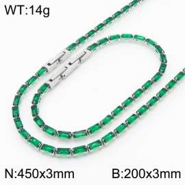 Women Green Zircons Jewelry Set with Silver Color 450X3mm Necklace&200X3mm Bracelet
