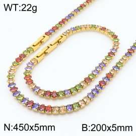 =Women Oval Colorful Zircons Jewelry Set with Gold Plated 450X5mm Necklace&200X5mm Bracelet
