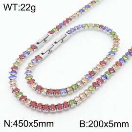 Women Oval Colorful Zircons Jewelry Set with Silver Color 450X5mm Necklace&200X5mm Bracelet