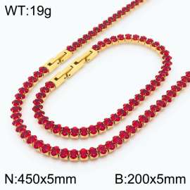 Women Oval Red Zircons Jewelry Set with Gold Plated 450X5mm Necklace&200X5mm Bracelet