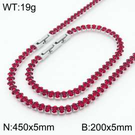 Women Oval Red Zircons Jewelry Set with Silver Color 450X5mm Necklace&200X5mm Bracelet