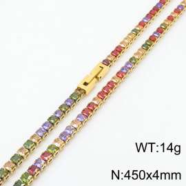 450X4mm Women Gold Plated Stainless Steel Link Necklace with Square Colorful Zircons