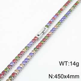 450X4mm Women Silver Color Stainless Steel Link Necklace with Square Colorful Zircons