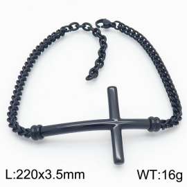 Black Plated Stainless Steel Herringbone Chain Bracelet with Christian Cross Charm