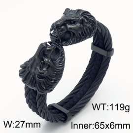 Men Black Plated Stainless Steel&Leather Bangle with Lion Head Charms