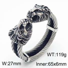 Men Silver Color Stainless Steel&Leather Bangle with Lion Head Charms