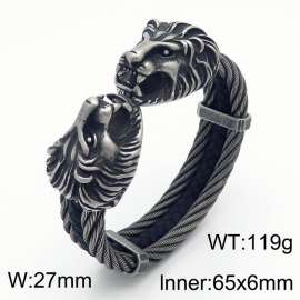 Men Worn Effect Stainless Steel&Leather Bangle with Lion Head Charms