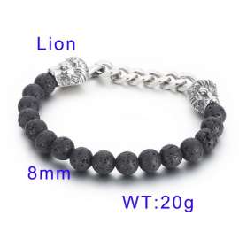 Volcanic Stone Beads Oxidized Lion Head Chain Elastic Men's Stone Bracelet