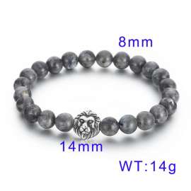 Lion Head Grey Beaded Elastic Rope Men's Stone Bracelet