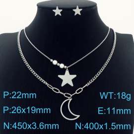 Silver Color Stainless Steel Jewelry Sets Star Moon Imitation Pearl Beads Pendant Double Layer Link Chain Necklace Stud Earrings For Women