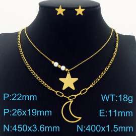 Gold Color Stainless Steel Jewelry Sets Star Moon Imitation Pearl Beads Pendant Double Layer Link Chain Necklace Stud Earrings For Women