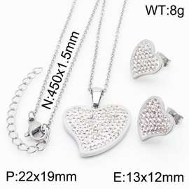 45cm Long Silver Color Stainless Steel Jewelry Sets Love Heart Rhinestone Pendant Link Chain Necklace Stud Earrings For Women