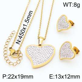 45cm Long Gold Color Stainless Steel Jewelry Sets Love Heart Rhinestone Pendant Link Chain Necklace Stud Earrings For Women